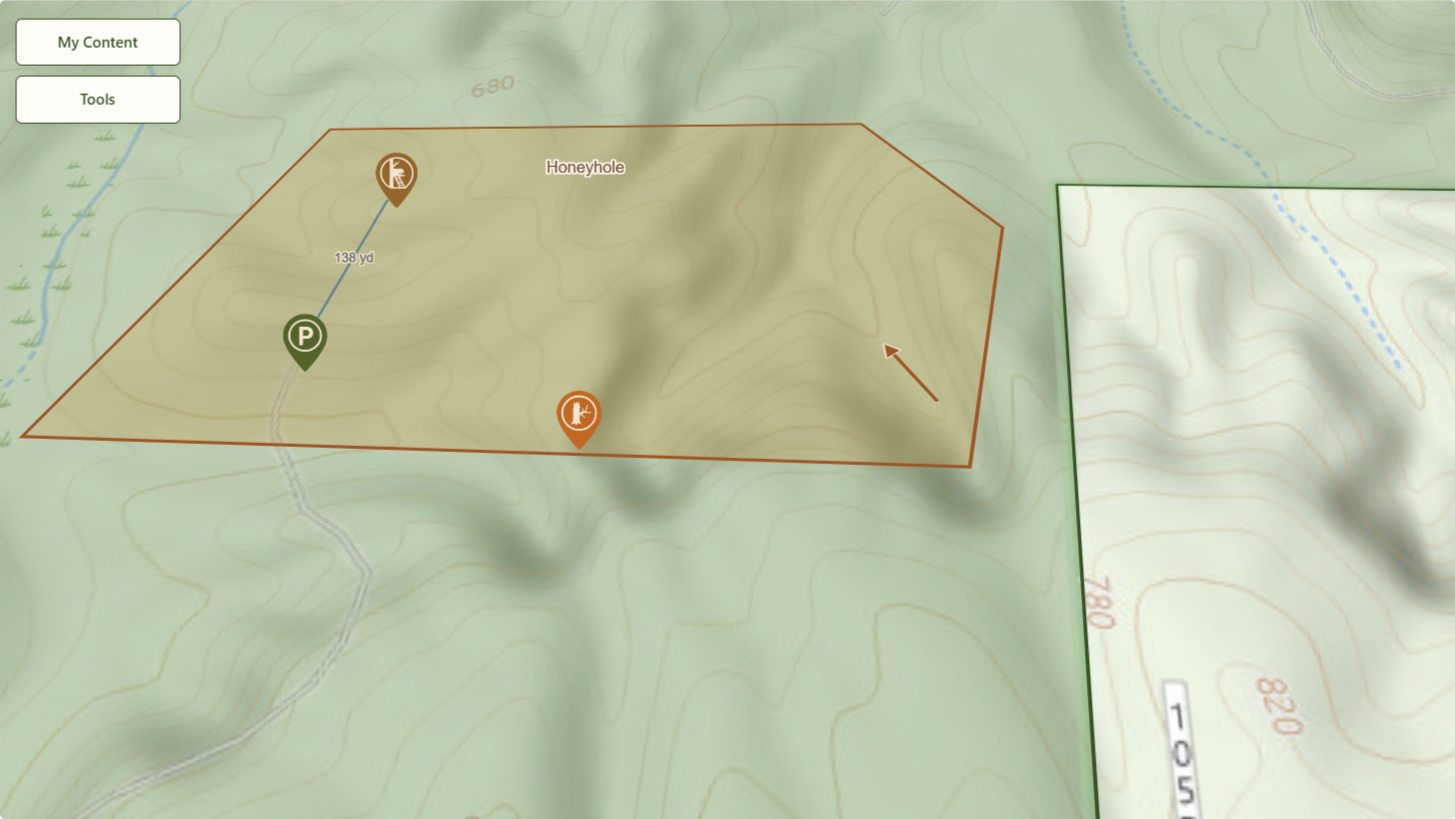 PublicHunts My Map showing saved pins, a distance measurement, drawings, and a public hunting property.